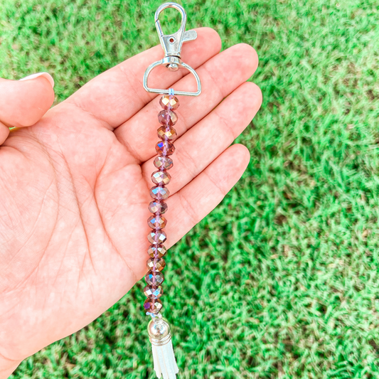 Brown Beaded Keychain with White Tassel