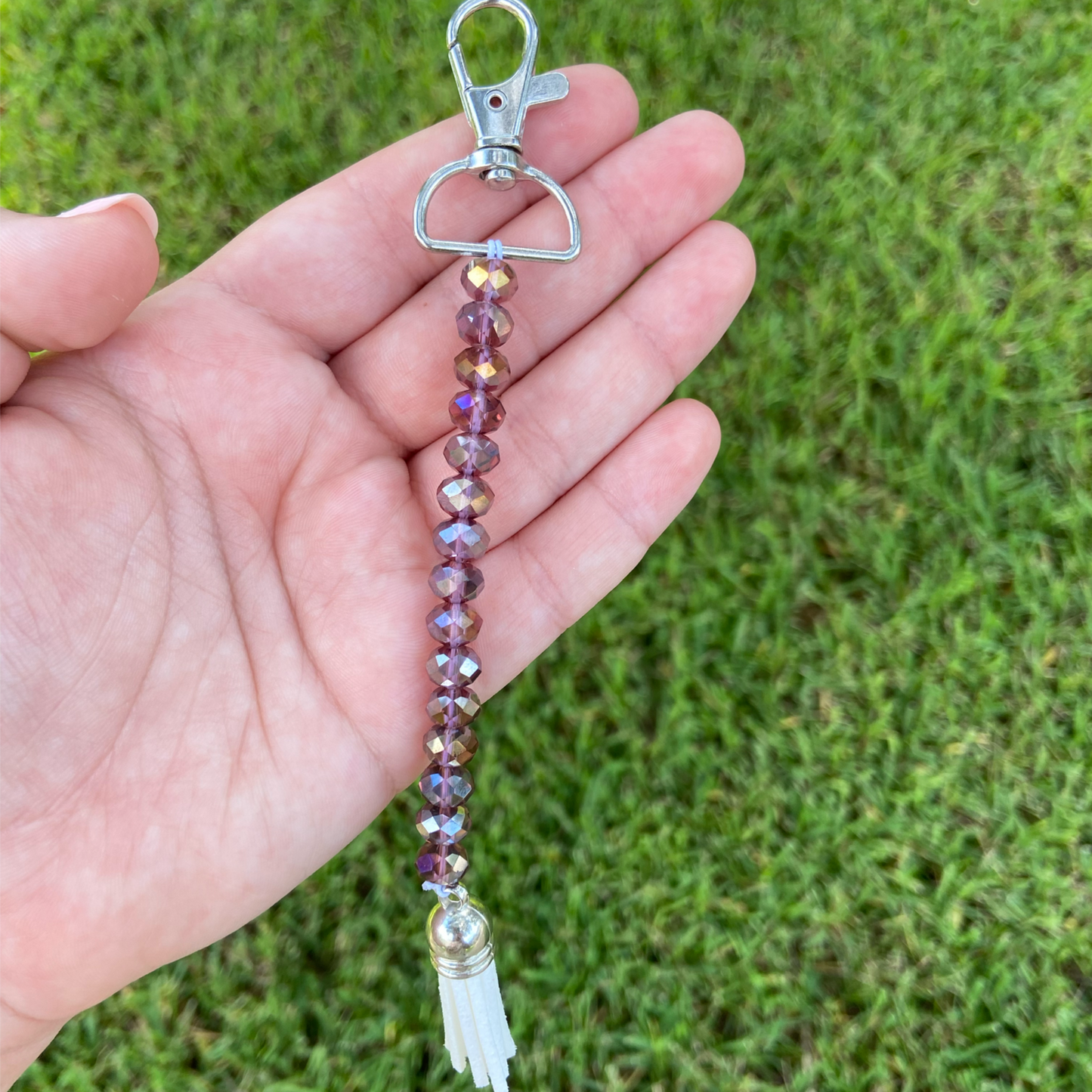 Brown Beaded Keychain with White Tassel